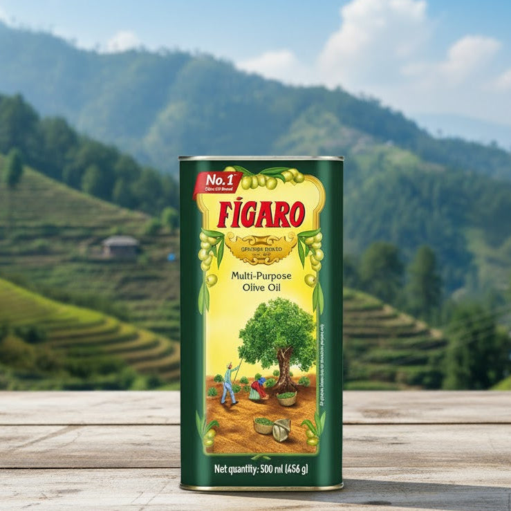 Can of Figaro olive oil on a wooden surface with a scenic mountain background