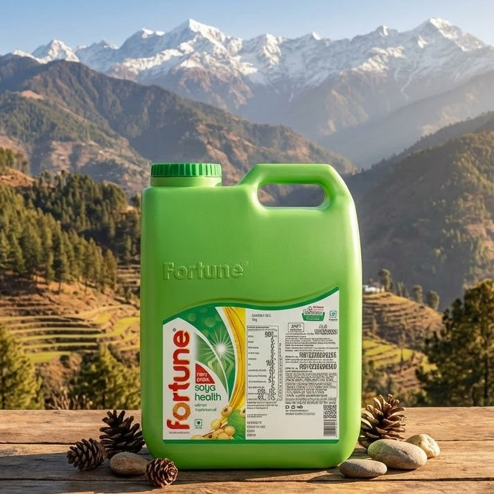 Green 'Fortune' pesticide container on a wooden surface with mountains in the background