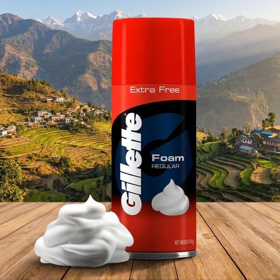 Gillette foam can with mountainous landscape in the background