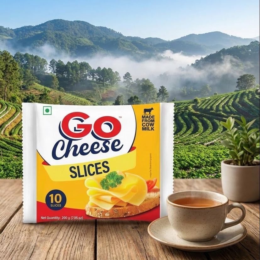 GO Cheese slices packaging with a scenic background of mountains and fields.
