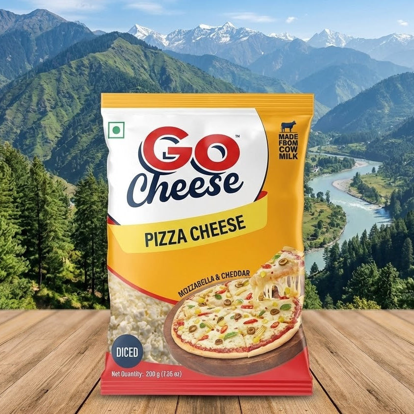Go Cheese pizza cheese package with a mountainous landscape in the background