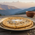 Flatbreads with butter on a plate with a mountainous landscape in the background