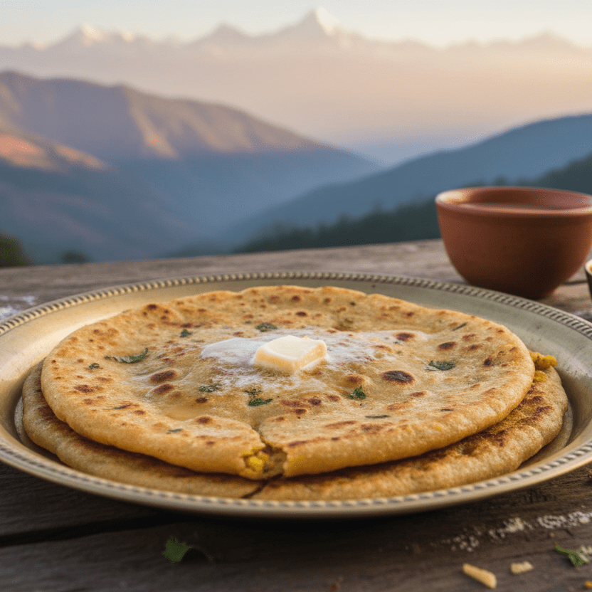 Flatbreads with butter on a plate with a mountainous landscape in the background