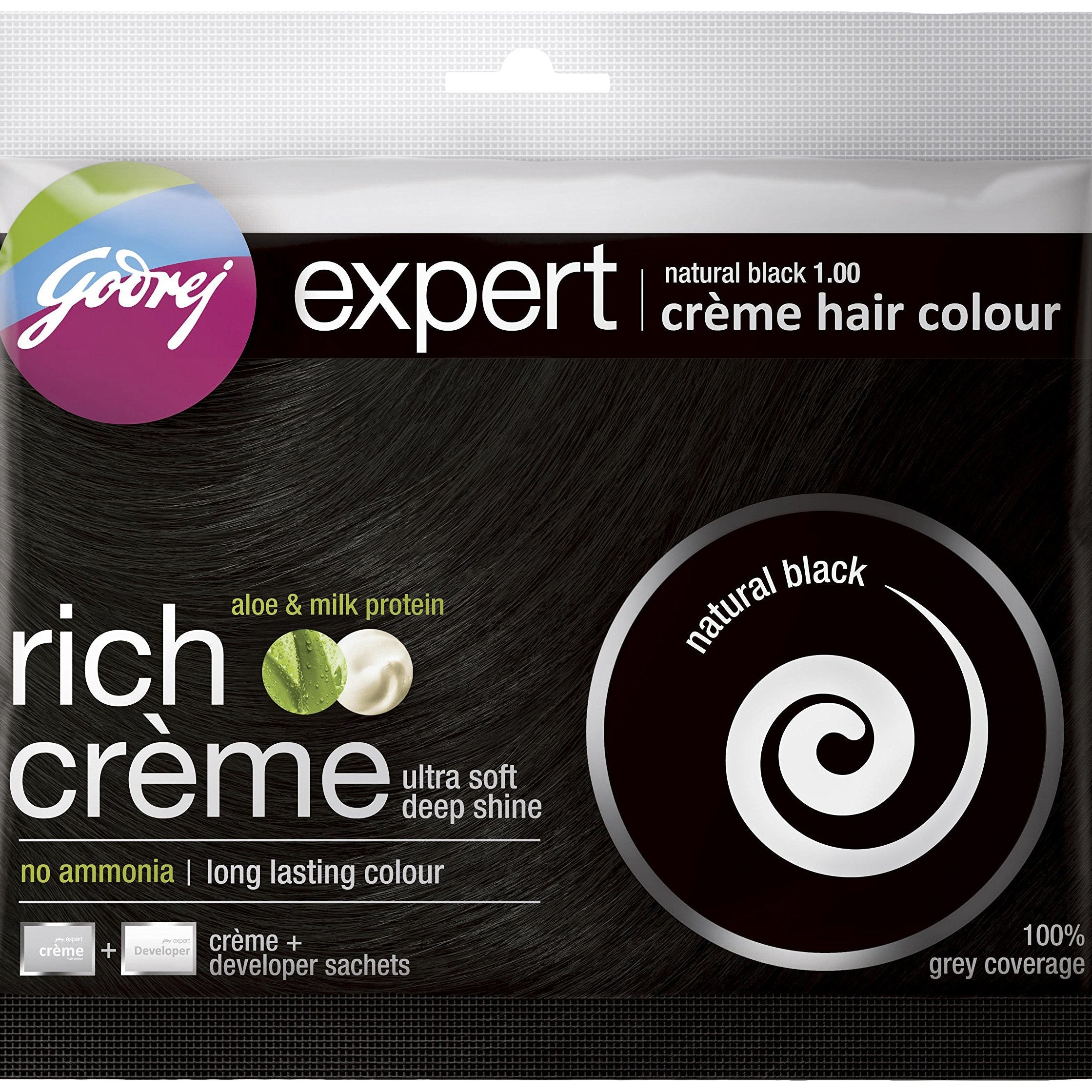 Godrej Expert Rich Creme hair color packaging with black hair swatch