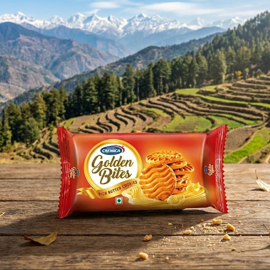 Ferrero Golden Bites packaging with a scenic mountain background