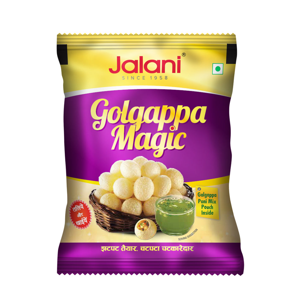 Jalani Golgappa Magic packaging with purple and yellow design