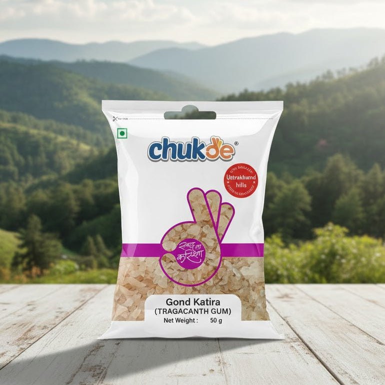 Bag of chukdee Grand Kettle candy on a wooden surface with a scenic background