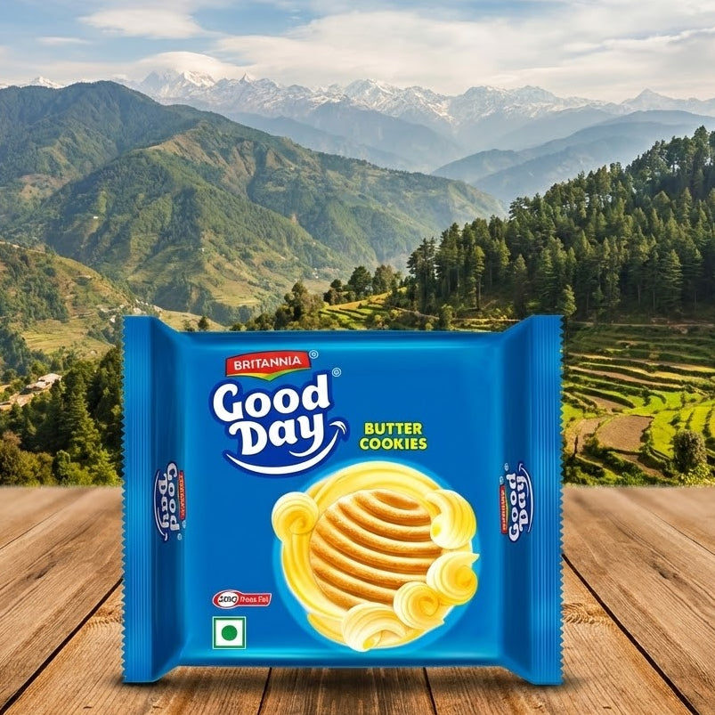 Pack of Britannia Good Day Butter Cookies with a scenic mountain background