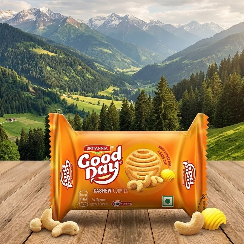 Good Day Cashew Cookies package on a wooden surface with a mountainous landscape in the background