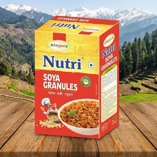 Nutri Soya Granules packaging on a wooden surface with a mountainous landscape in the background