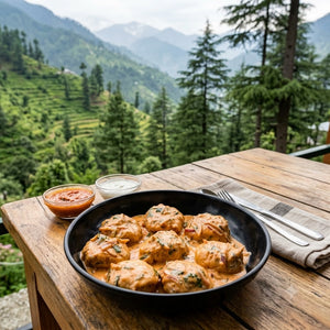 A black bowl filled with orange-red curry or stewed meatballs sits on a rustic wooden table, with small bowls of sauce, a fork, and a folded napkin, set against a scenic mountain and forest landscape.