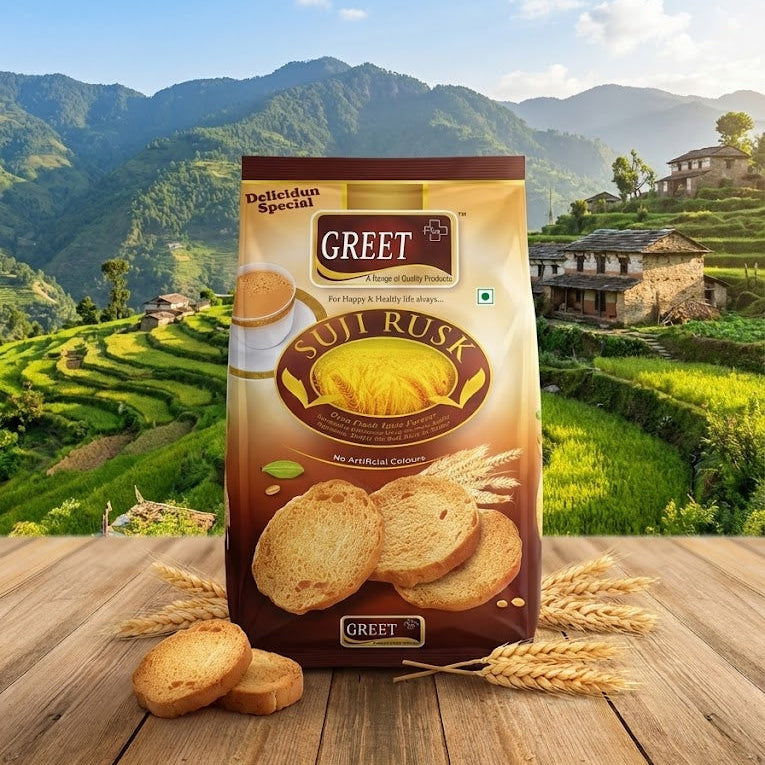 Greet Soh Rusk packet on a wooden surface with a scenic background of mountains and terraced fields.