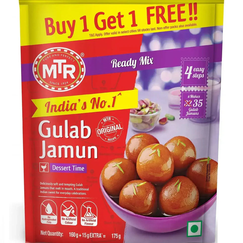MTR Gulab Jamun ready mix packaging with promotional text on a white background