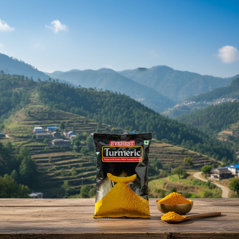 Everest Turmeric package with turmeric powder on a wooden surface with a mountainous landscape in the background