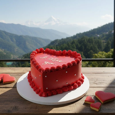 Heart-shaped red cake with 'I Love You' text on a wooden table with a mountainous background