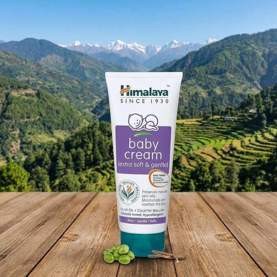 Himalaya baby cream tube on a wooden surface with a mountainous landscape in the background
