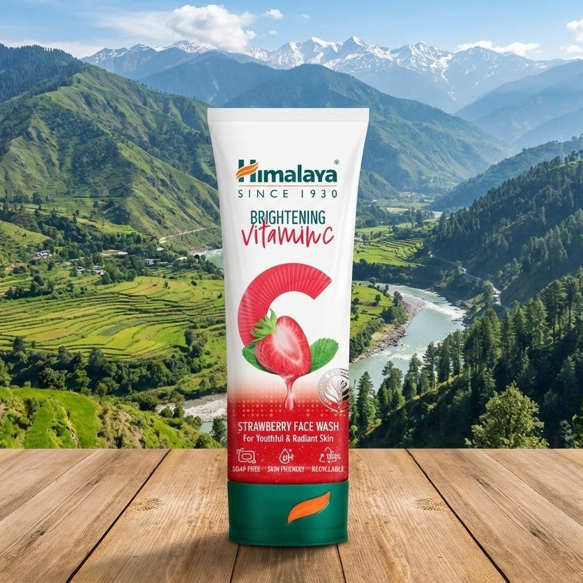 Himalaya Strawberry Face Wash tube with a scenic mountain backdrop