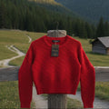 Red sweater on a hanger against a scenic mountain backdrop