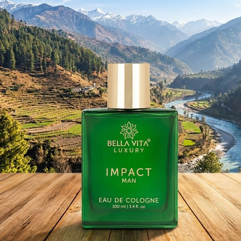 Green cologne bottle with mountainous landscape in the background
