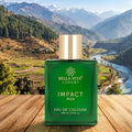 Green cologne bottle with mountainous landscape in the background
