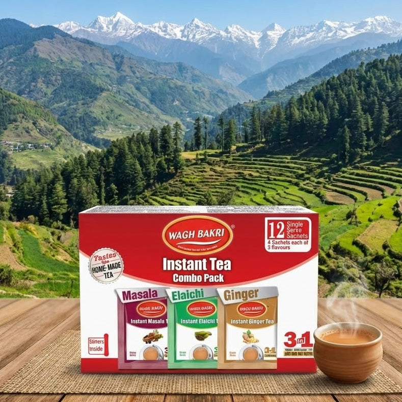 Wagh Bakri Instant Tea Combo Pack with a scenic mountain backdrop