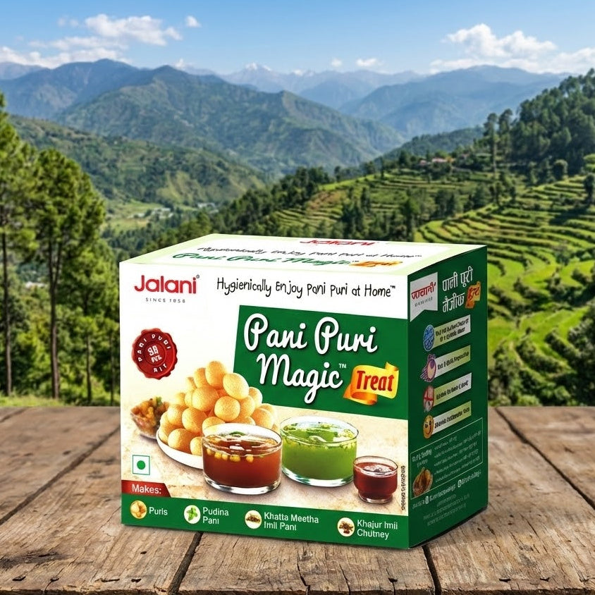 Jalani Pani Puri Magic Treat packaging with a scenic mountain background