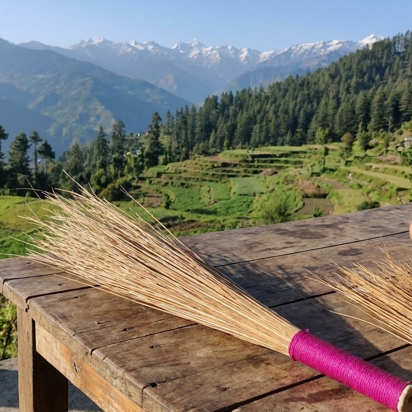 Broom with a pink handle on a wooden surface in front of a scenic mountain landscape.