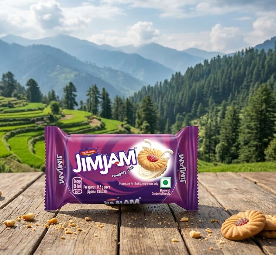 Jimjam packet on a wooden table with a scenic mountain background
