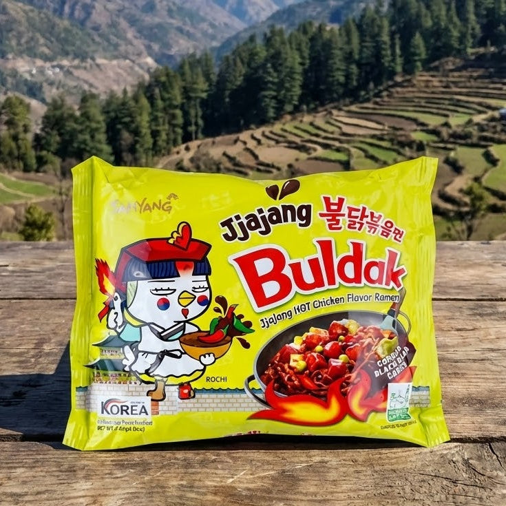 Buldak Jjajang noodles package with a scenic mountain background