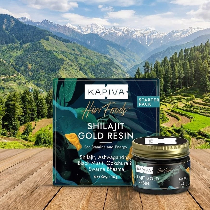 Kapiva Shilajit Gold Resin packaging with a scenic mountain background