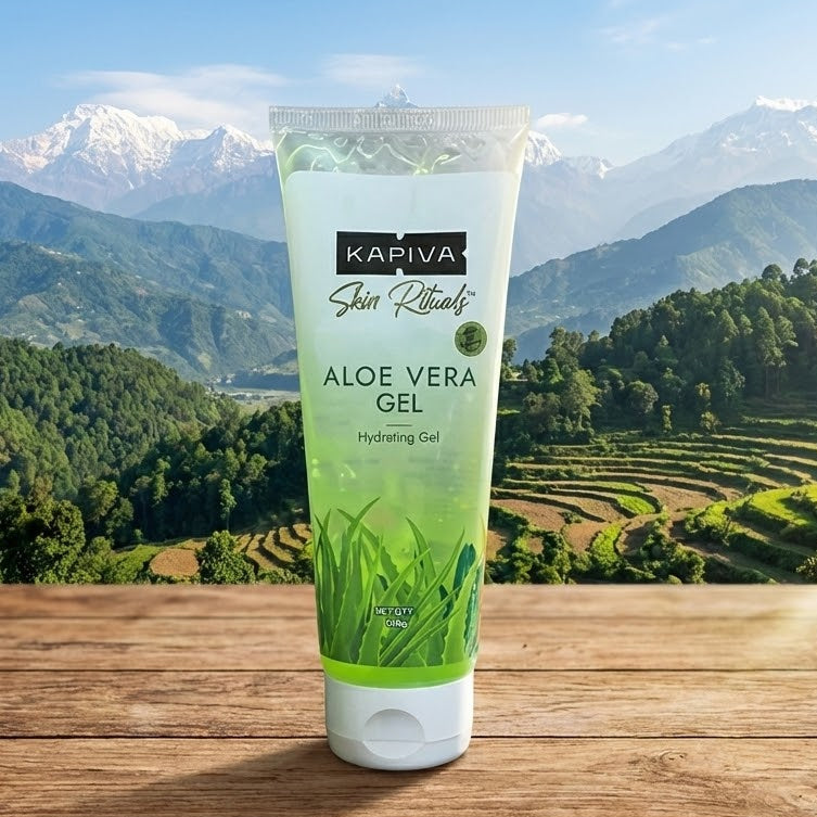 Kapiva Aloe Vera Gel tube with a scenic mountain background