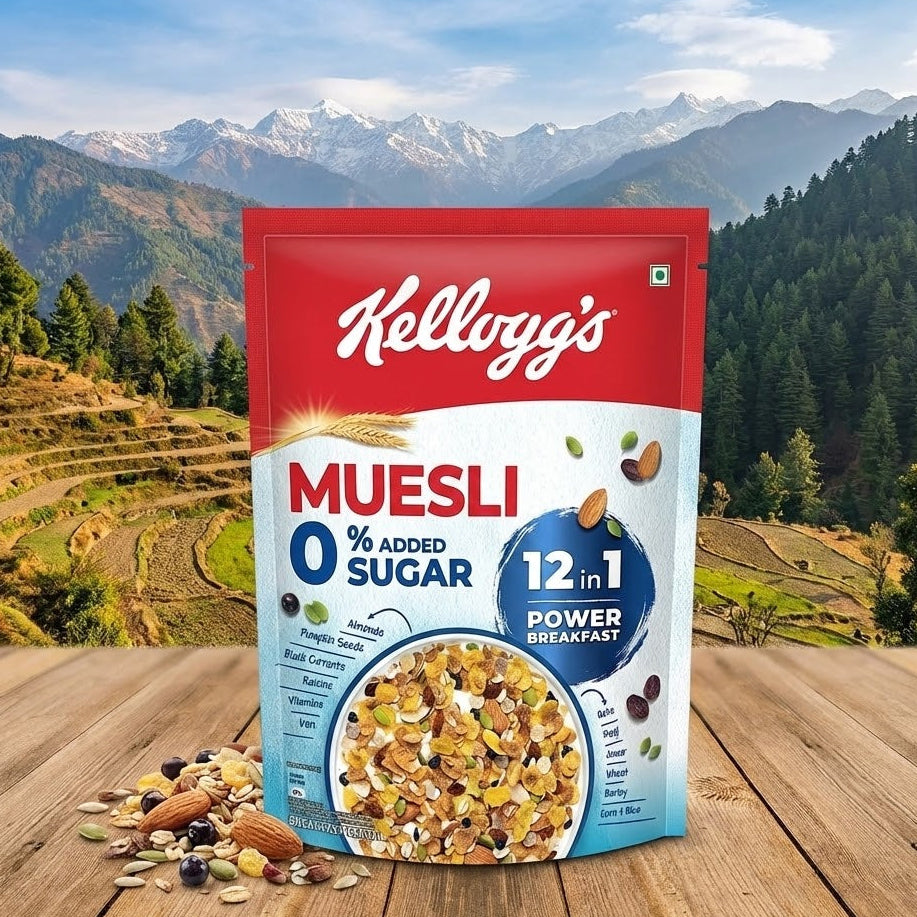 Kellogg's Muesli package with a scenic mountain background
