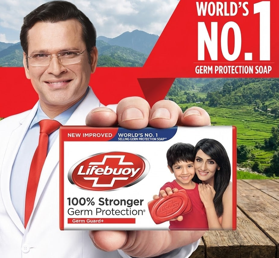 Lifebuoy soap packaging with a doctor holding it, set against a scenic background