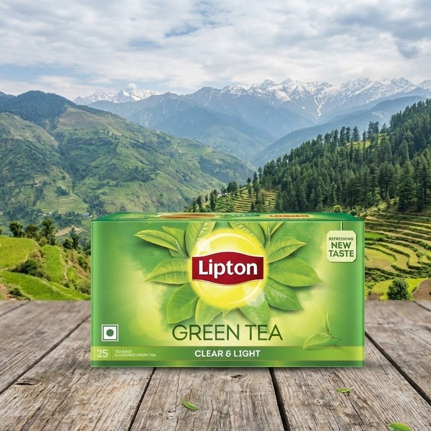 Lipton Green Tea box on a wooden surface with a scenic mountain background
