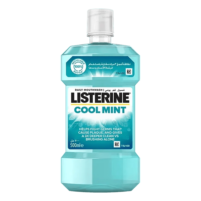 Bottle of Listerine Cool Mint mouthwash on a white background