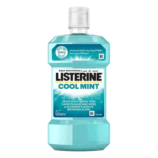 Bottle of Listerine Cool Mint mouthwash on a white background