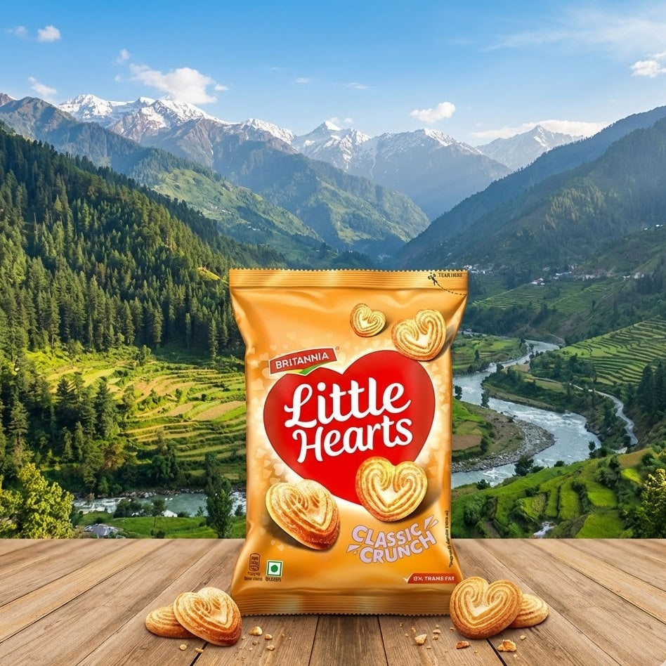 Bag of Britannia Little Hearts Classic Crunch cookies with a scenic mountain backdrop
