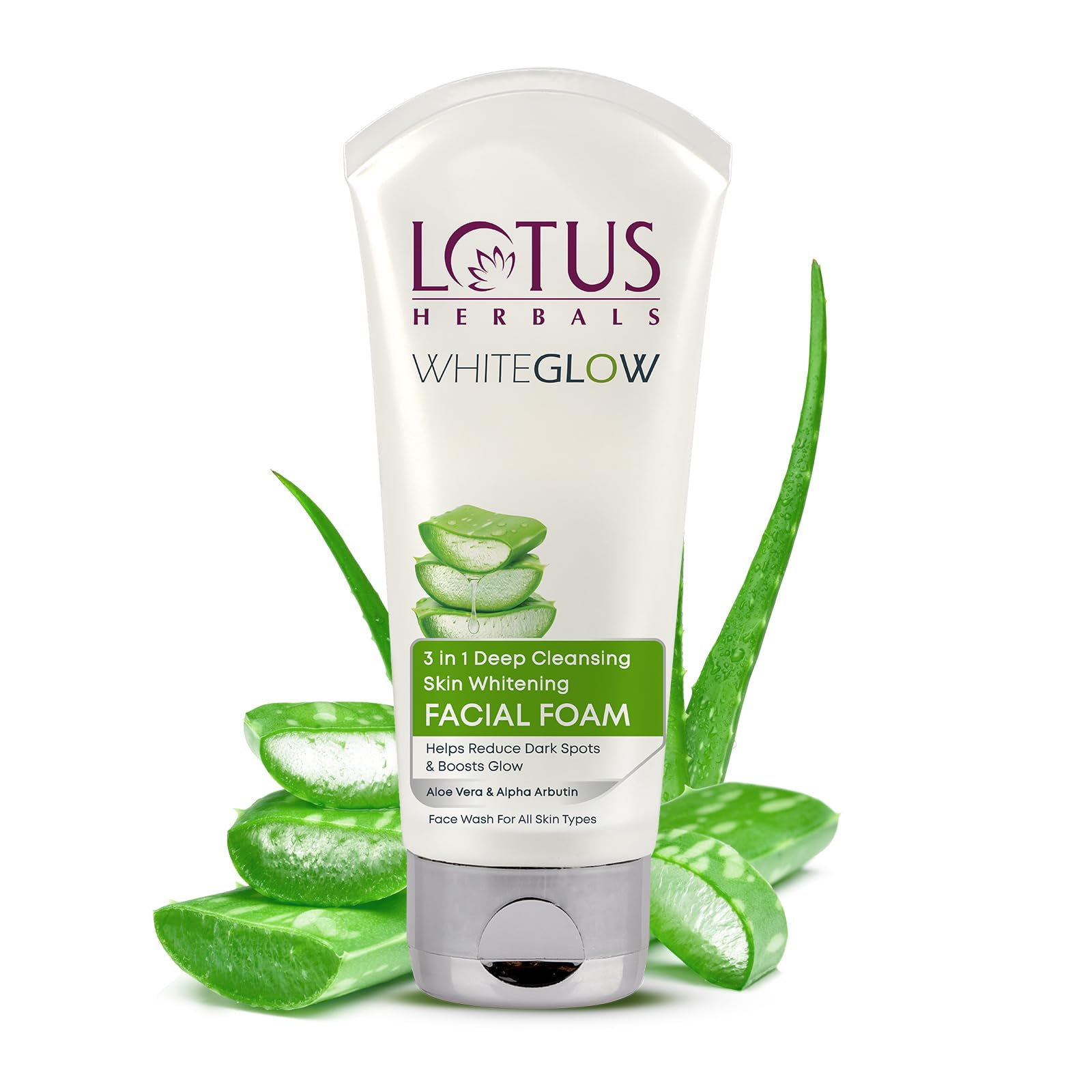 Tube of Lotus Herbals WhiteGlow Facial Foam with aloe vera leaves on a white background