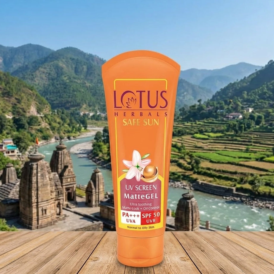 Orange bottle of Lotus Herbals Safe Sun UV Screen Matte Gel with a scenic background