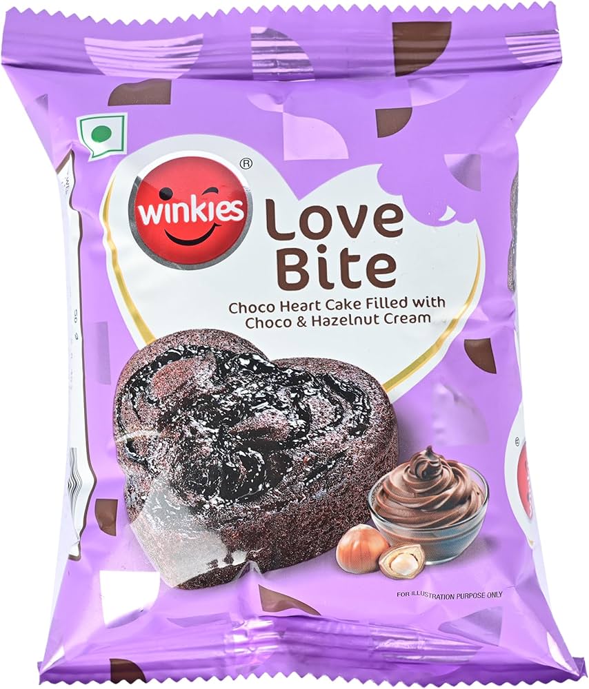 Winkies Love Bite chocolate heart cake packaging on a purple background
