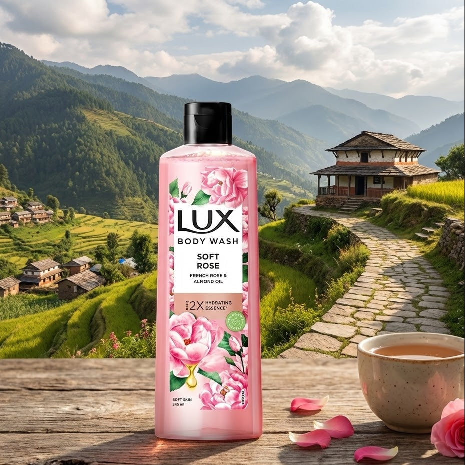 Lux body wash bottle with a scenic background of mountains and houses.