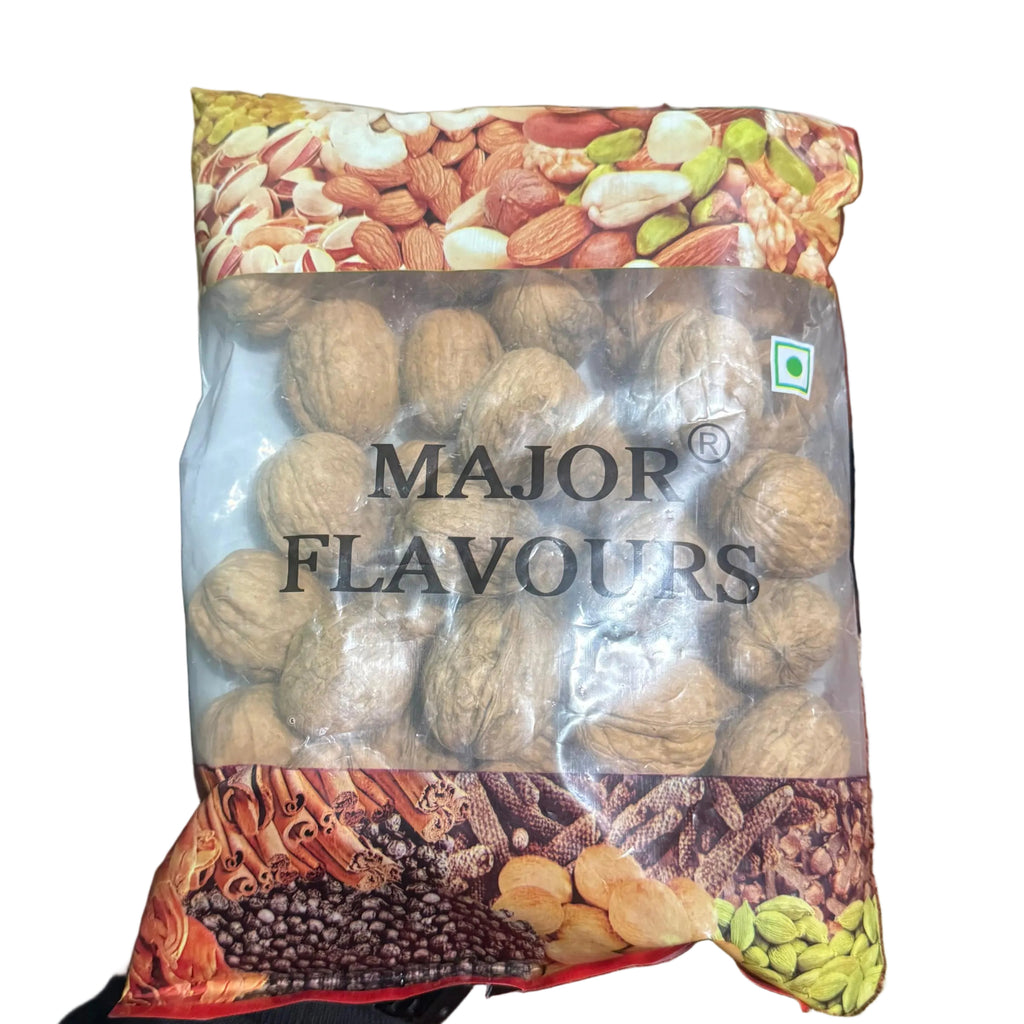 Bag of Major Flavours mixed nuts on a textured surface with a blurred background