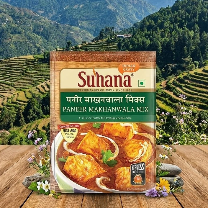Suhana Paneer Makhanawala Mix packaging with a scenic mountain background