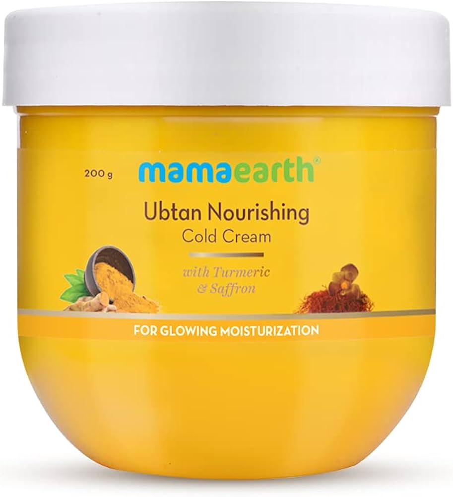 Yellow jar of Mamaearth Ubtan Nourishing Cold Cream with a white lid on a white background