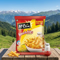 Bag of McCain French Fries on a wooden table with a scenic mountain background