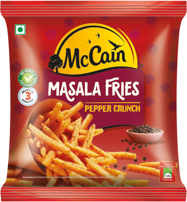 Packaging of McCain Masala Fries Pepper Crunch on a red background