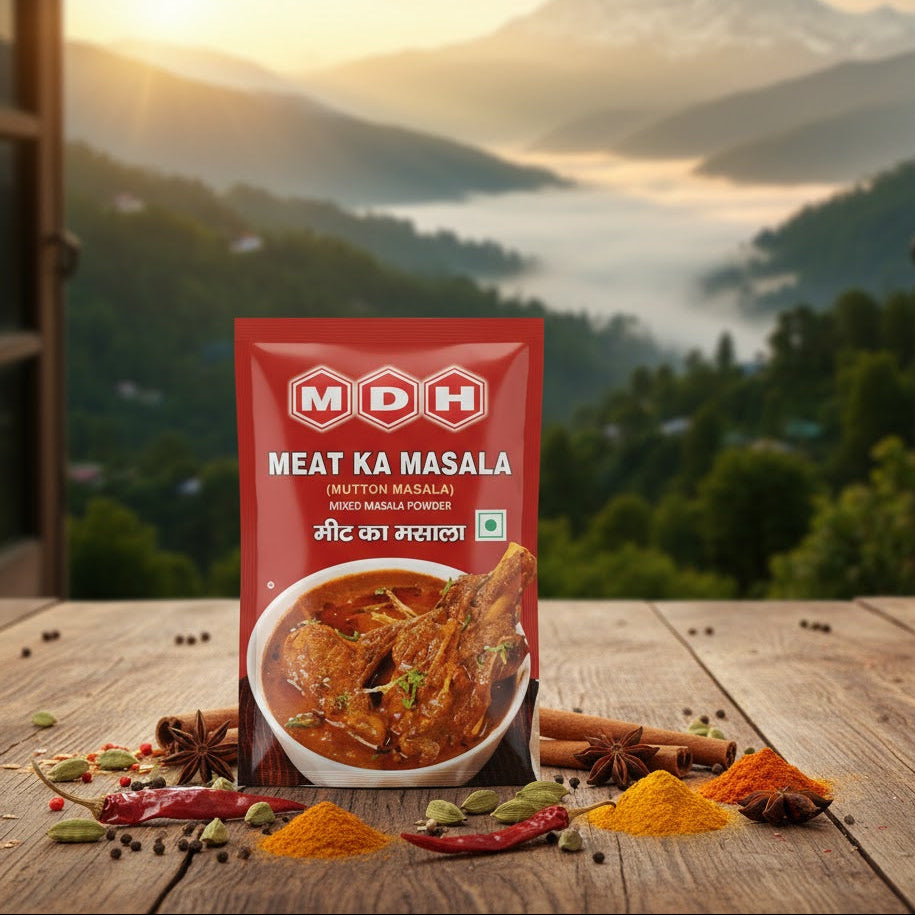 MDH Meat Ka Masala packet with spices on a wooden table with a scenic background