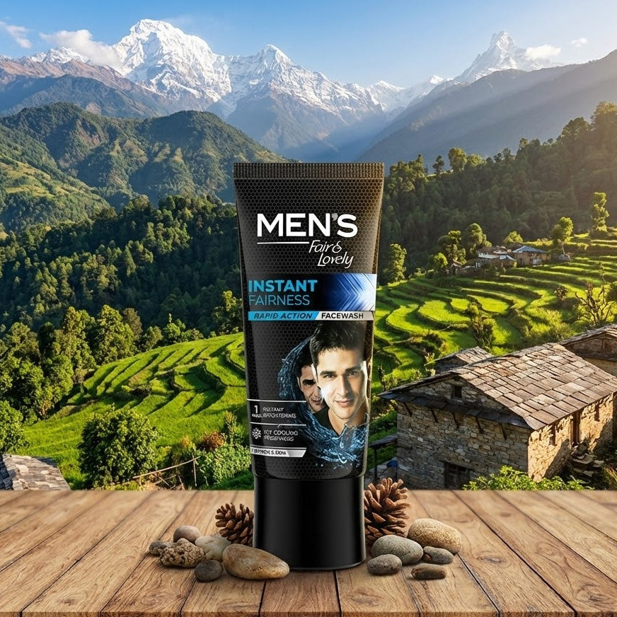 Men's Fair & Lovely Instant Fairness cream tube on a wooden surface with a scenic mountain background