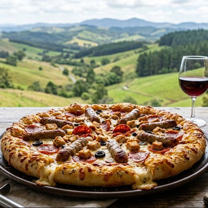 Pizza on a table with a scenic view of hills and trees in the background