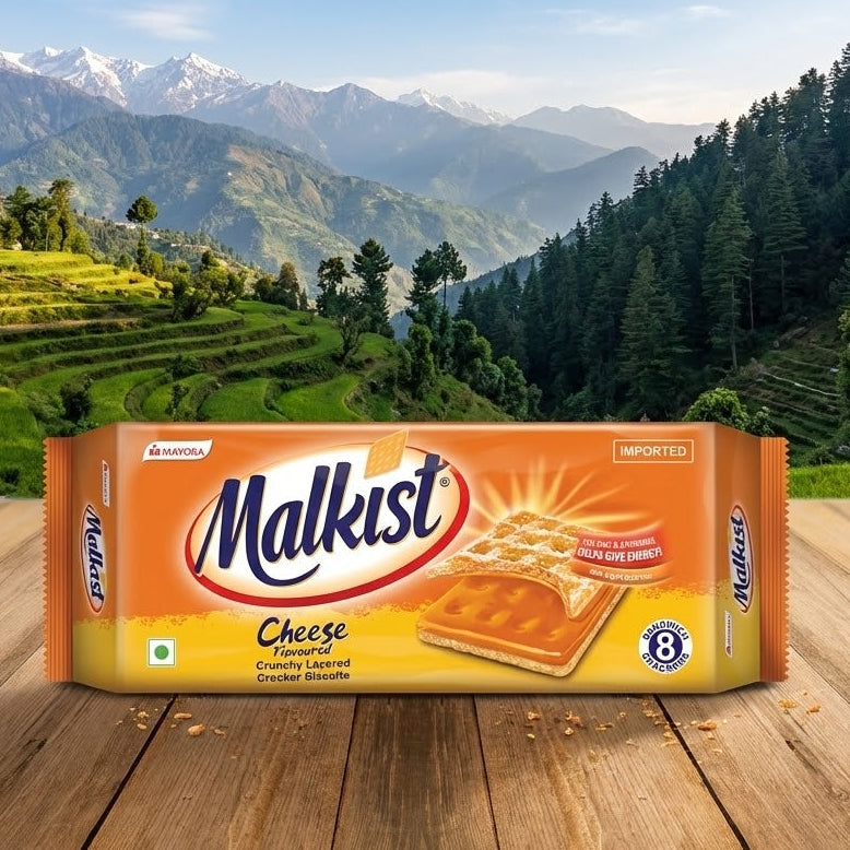 Malkist cheese crackers packaging with a scenic mountain background